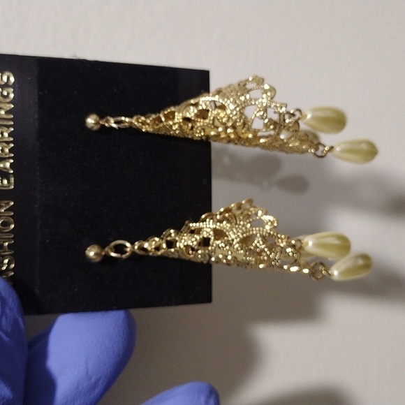 Women's Gold-tone Filigree Cone Shape Design Beaded Drop Dangle Earrings, #5 - Picture 5 of 5